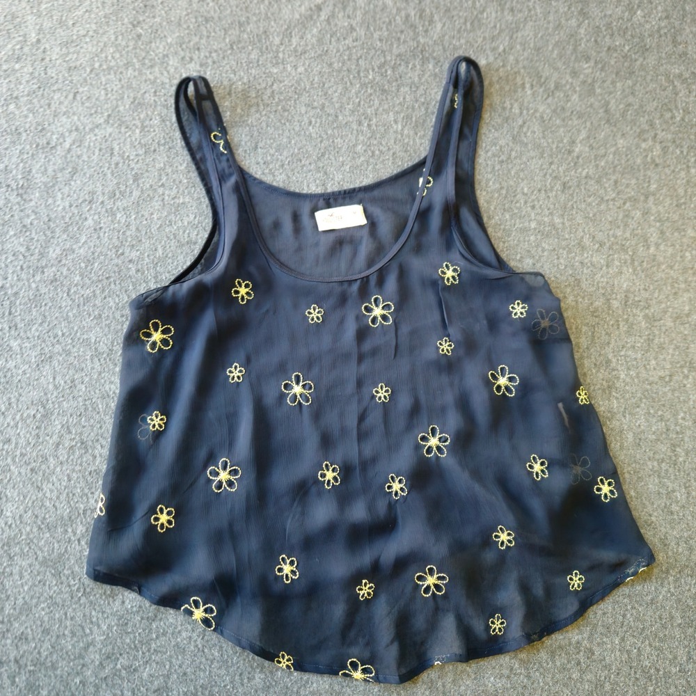 Hollister Tank Top Womens M Navy Blue Embroidered‎ Floral Sheer Flowy EUC
